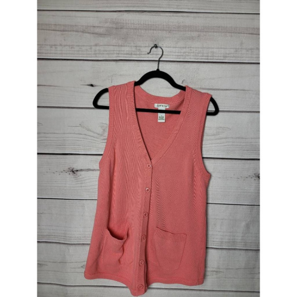 Orvis Womens‎ Cardigan Sweater Coral Sleeveless V Neck Tight Knit Pockets S